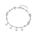 Marvel Silver Star Charm Anklet with crystal beads and dangling silver star charms for women and girls.