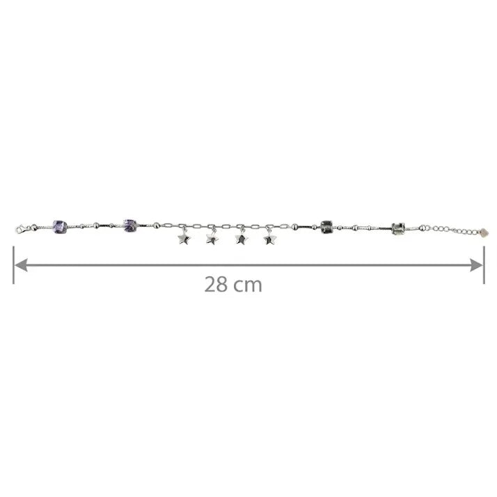 Marvel Silver Star Charm Anklet with crystal beads and dangling silver star charms for women and girls.