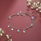 Marvel Silver Star Charm Anklet with crystal beads and dangling silver star charms for women and girls.