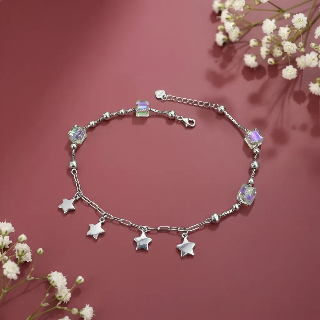 Marvel Silver Star Charm Anklet with crystal beads and dangling silver star charms for women and girls.