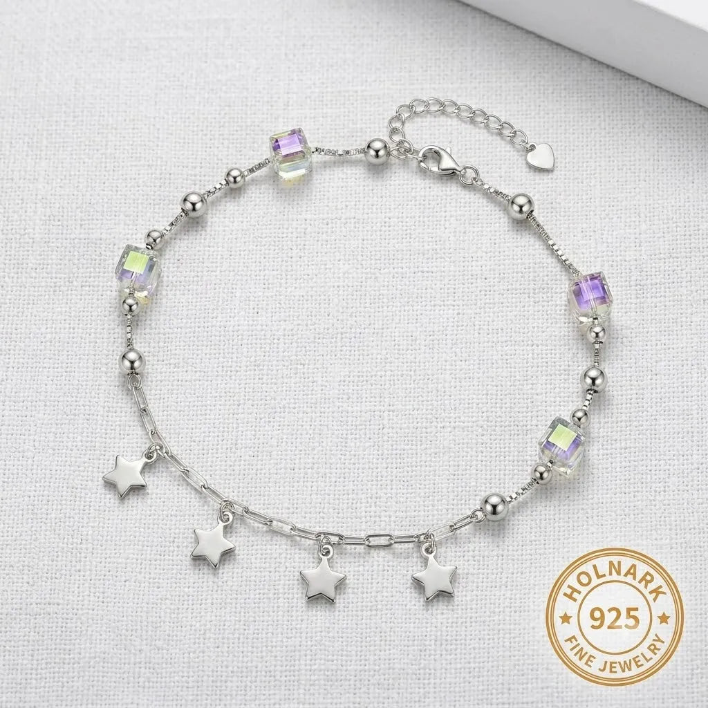 Marvel Silver Star Charm Anklet with crystal beads and dangling silver star charms for women and girls.