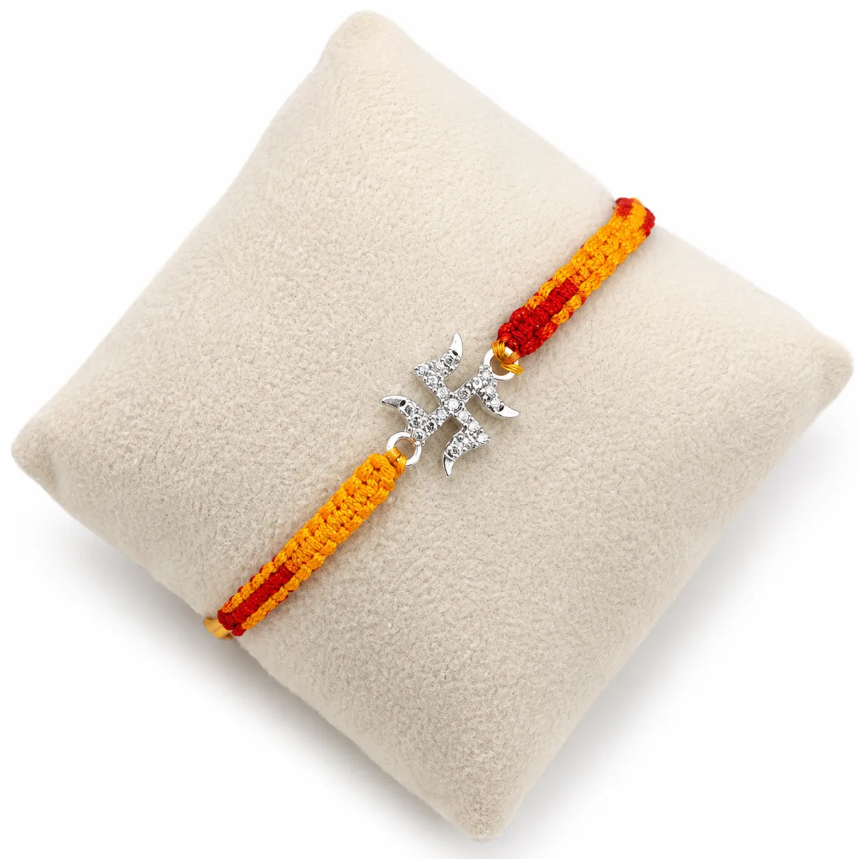 Marvel Silver Swastik design rakhi for brother with yellow red braided thread and stone-studded silver-tone charm