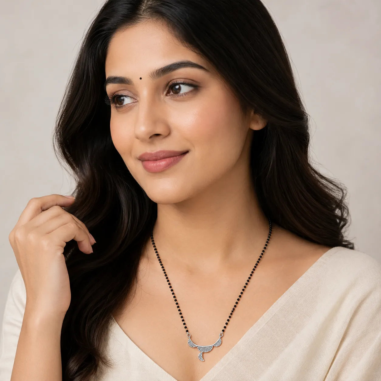 Marvel Silver triple crescent black beads mangalsutra for women with 4 cm pendant