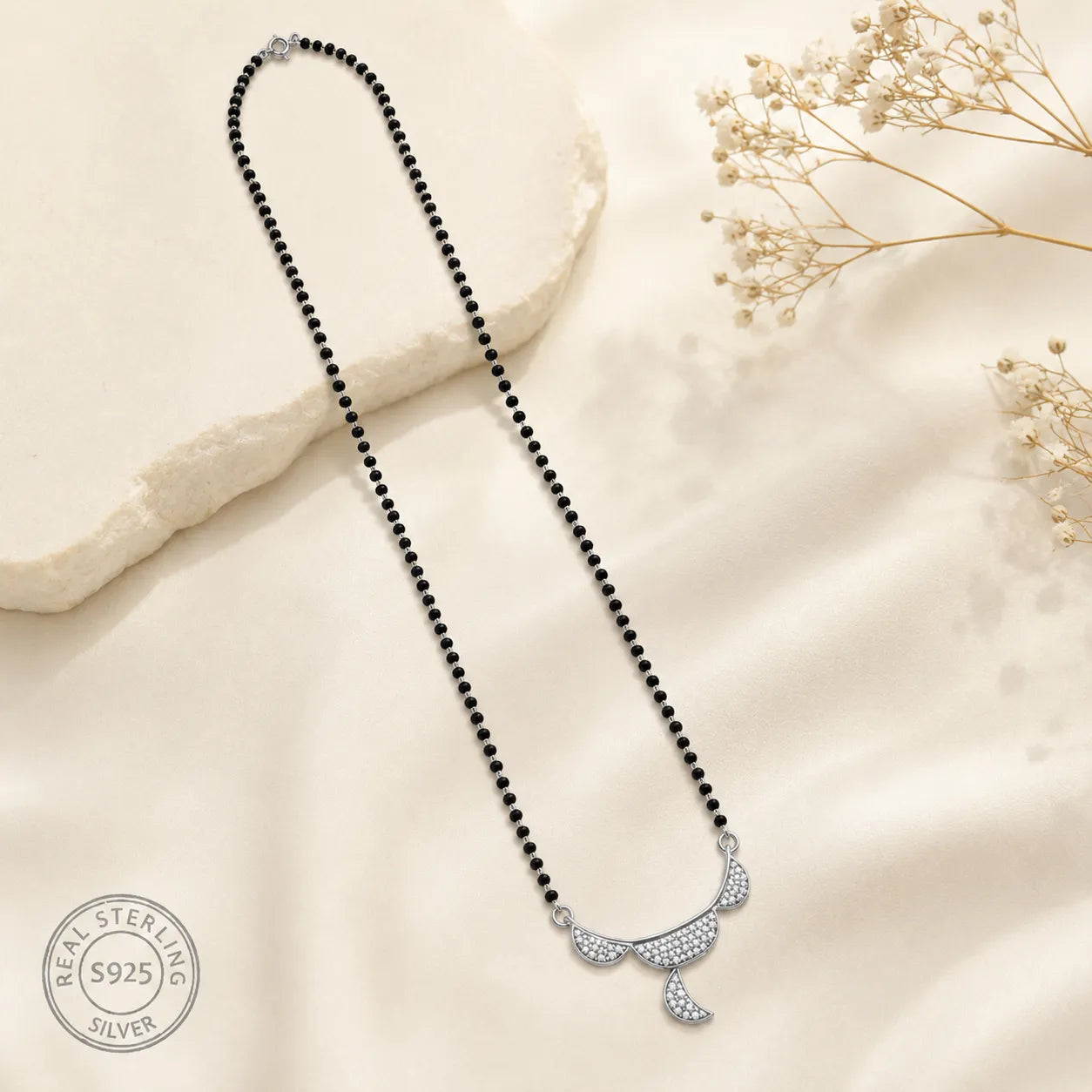 Marvel Silver triple crescent black beads mangalsutra for women with 4 cm pendant