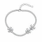 Marvel Silver 925 sterling silver tennis bracelet featuring three sparkling flower motifs with AAA Cubic Zirconia stones, adjustable chain, rhodium-plated finish, elegant bracelet for women and girls suitable for daily wear, parties, weddings, festive occasions, and gifting.