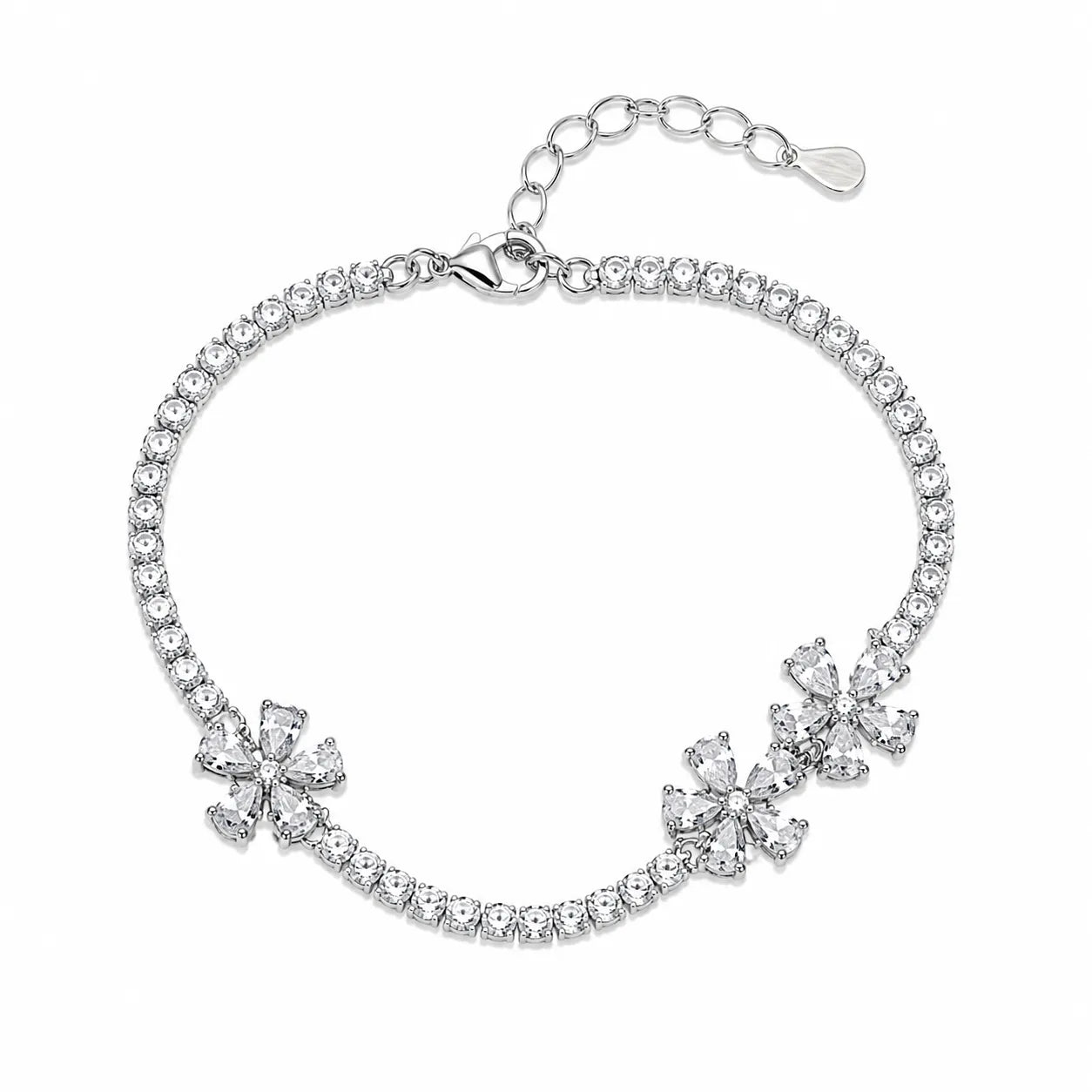 Marvel Silver 925 sterling silver tennis bracelet featuring three sparkling flower motifs with AAA Cubic Zirconia stones, adjustable chain, rhodium-plated finish, elegant bracelet for women and girls suitable for daily wear, parties, weddings, festive occasions, and gifting.
