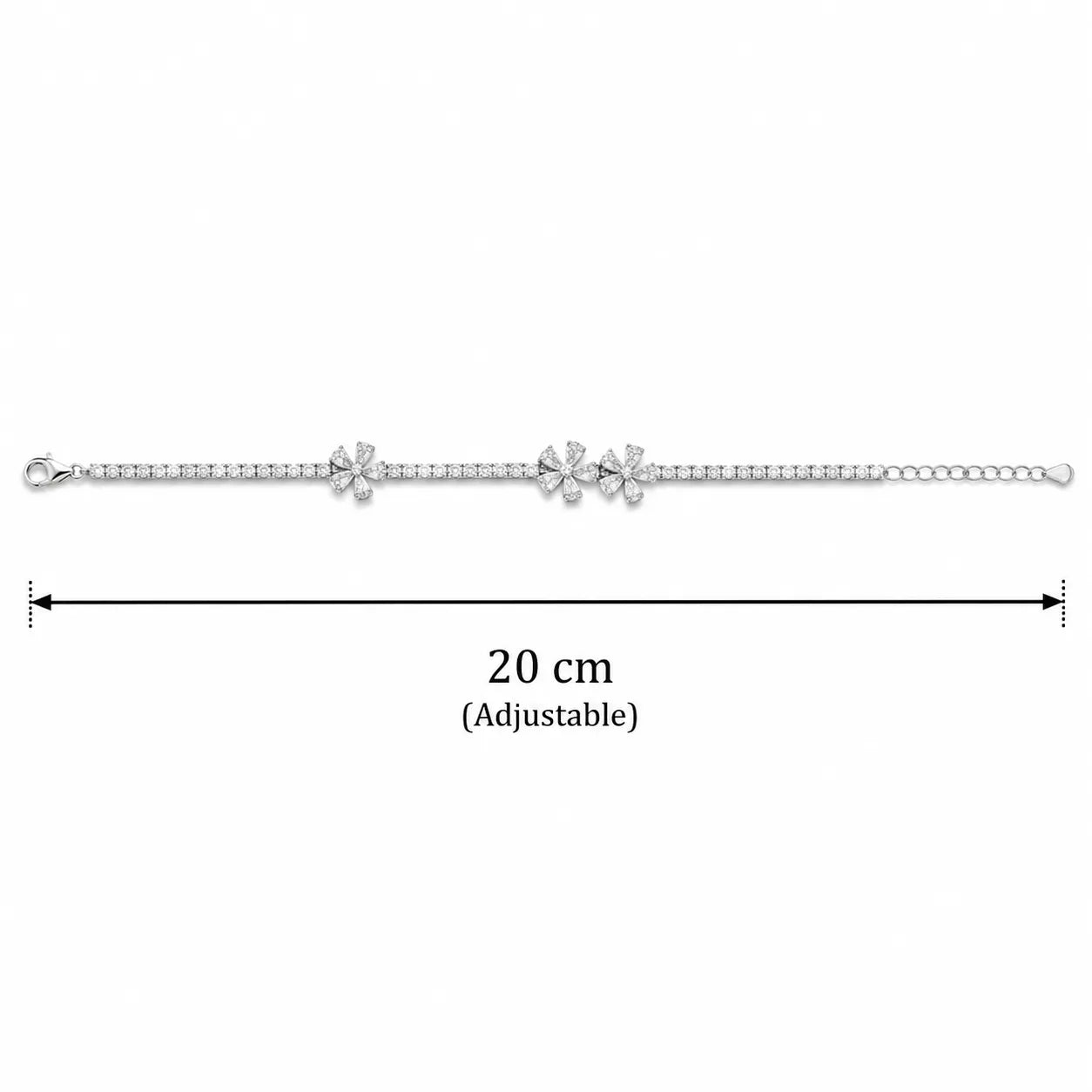 Marvel Silver 925 sterling silver tennis bracelet featuring three sparkling flower motifs with AAA Cubic Zirconia stones, adjustable chain, rhodium-plated finish, elegant bracelet for women and girls suitable for daily wear, parties, weddings, festive occasions, and gifting.