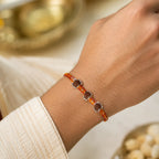 Marvel Silver triple Rudraksha rakhi for brother with red yellow braided thread and silver-tone bead accents