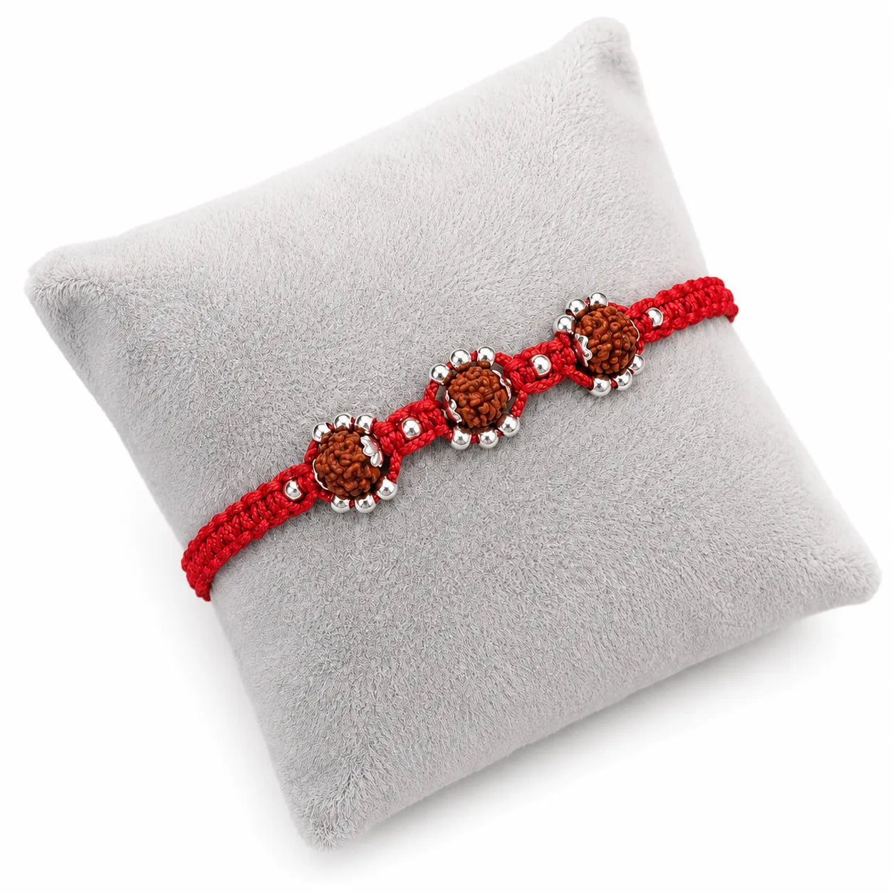 Marvel Silver triple Rudraksha red thread rakhi for brother with silver-tone bead accents
