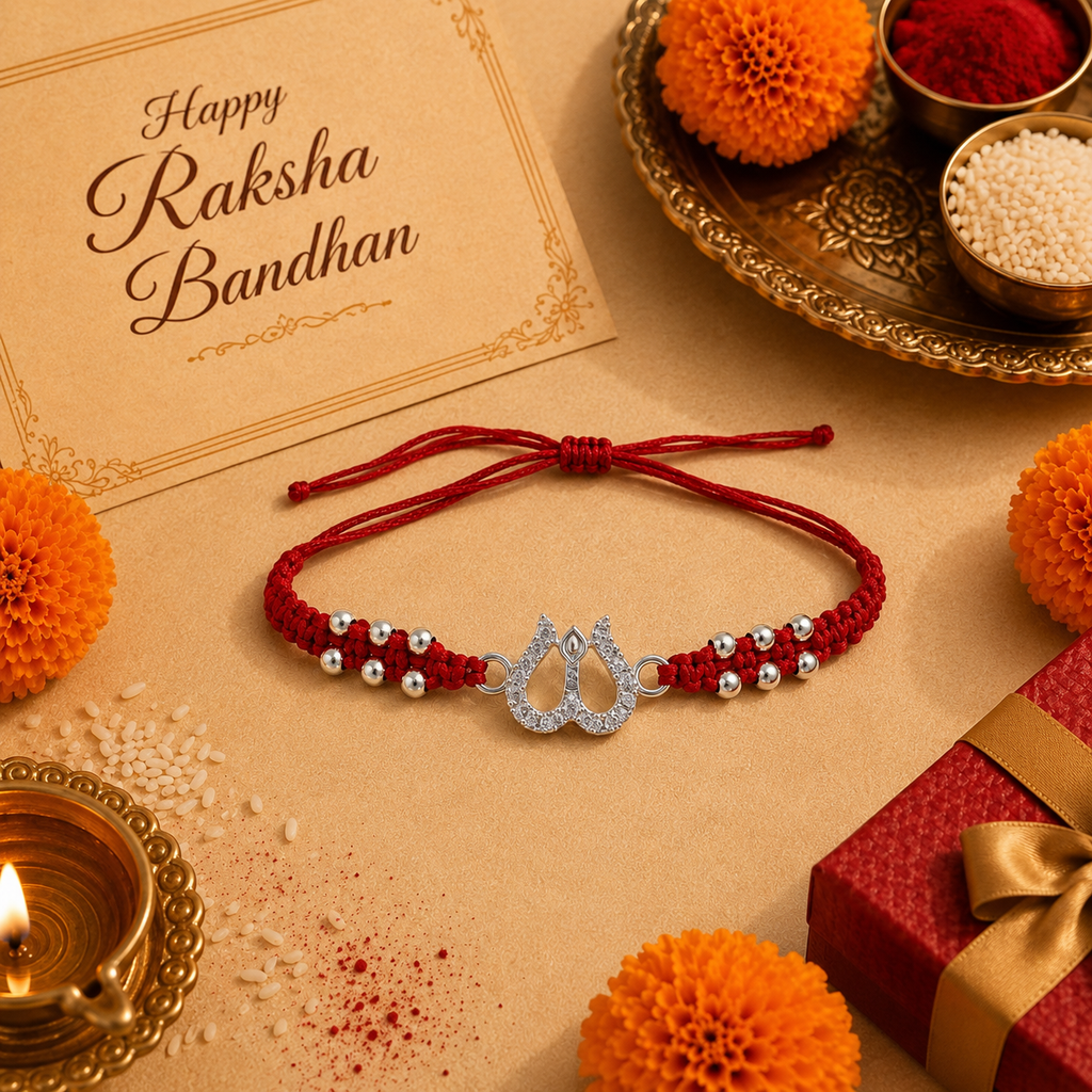 Marvel Silver 925 Silver Trishul Designer Rakhi with handcrafted red thread, silver beads, and sparkling zircon stones for Raksha Bandhan.