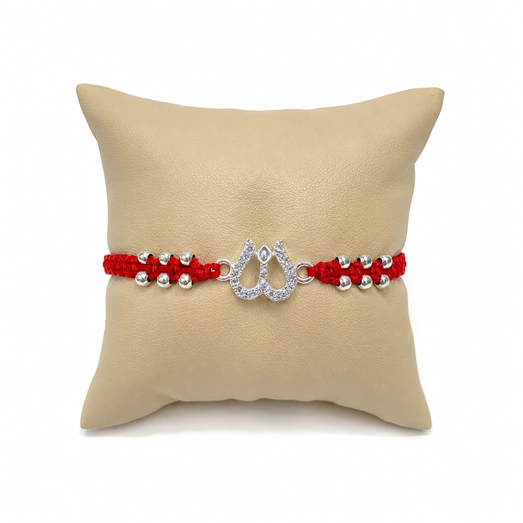 Marvel Silver 925 Silver Trishul Designer Rakhi with handcrafted red thread, silver beads, and sparkling zircon stones for Raksha Bandhan.
