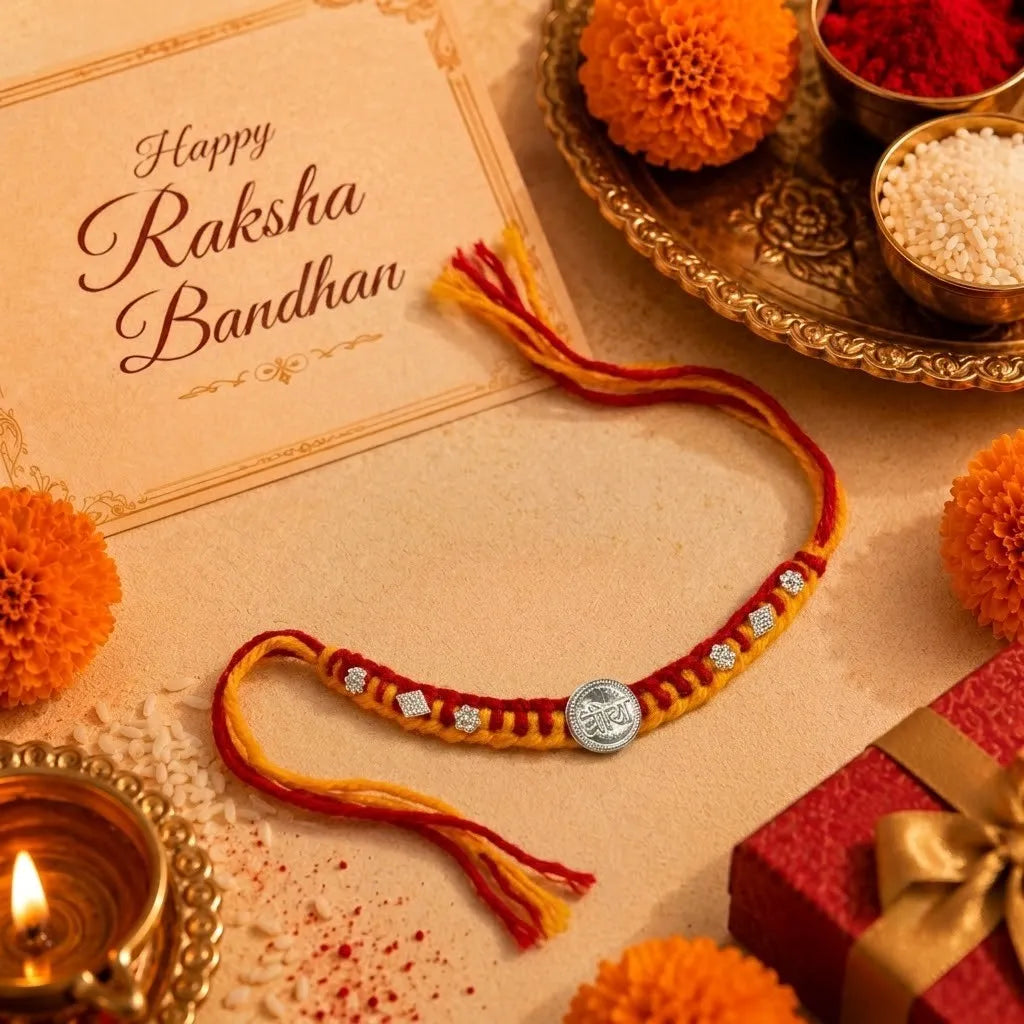 Marvel Silver Veera Rakhi with silver-finish Veera centerpiece, sparkling stone accents, and handcrafted red-yellow thread for Raksha Bandhan.