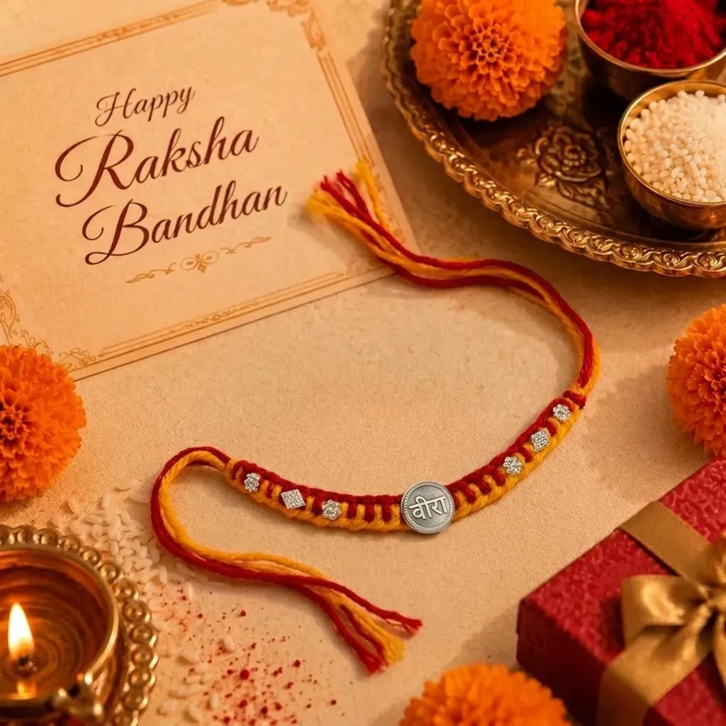 Marvel Silver Veera Rakhi with silver-finish Veera centerpiece, sparkling stone accents, and handcrafted red-yellow thread for Raksha Bandhan.