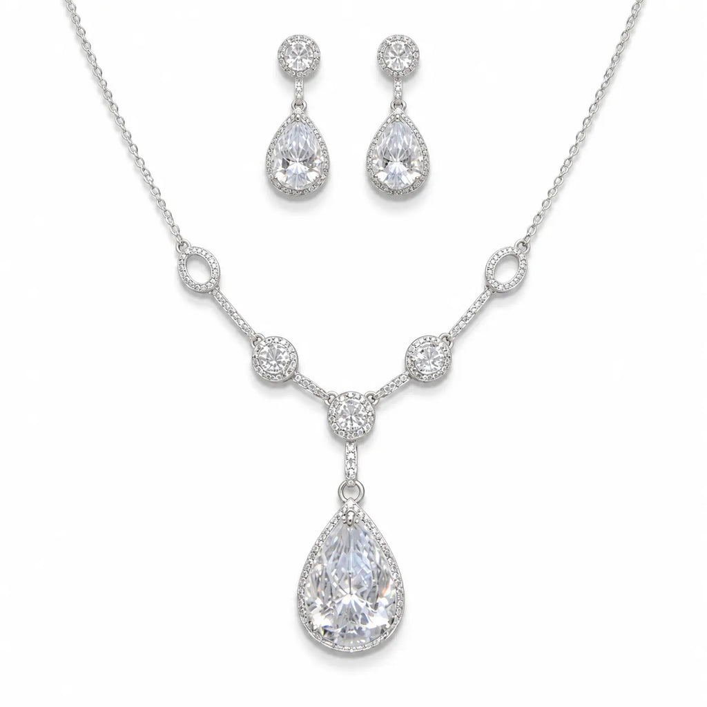 Marvel Silver white stone drop necklace set with matching earrings for women