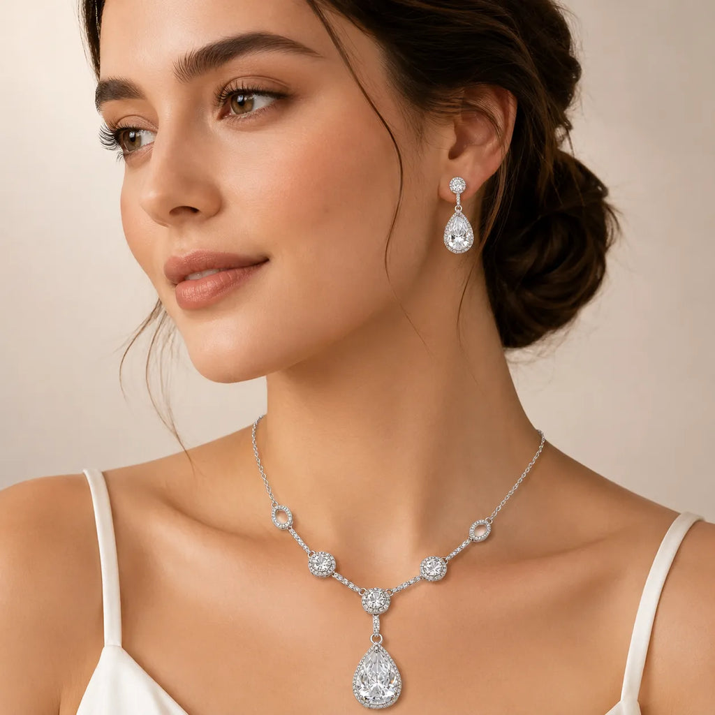 Marvel Silver white stone drop necklace set with matching earrings for women