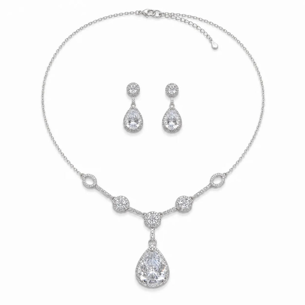 Marvel Silver white stone drop necklace set with matching earrings for women