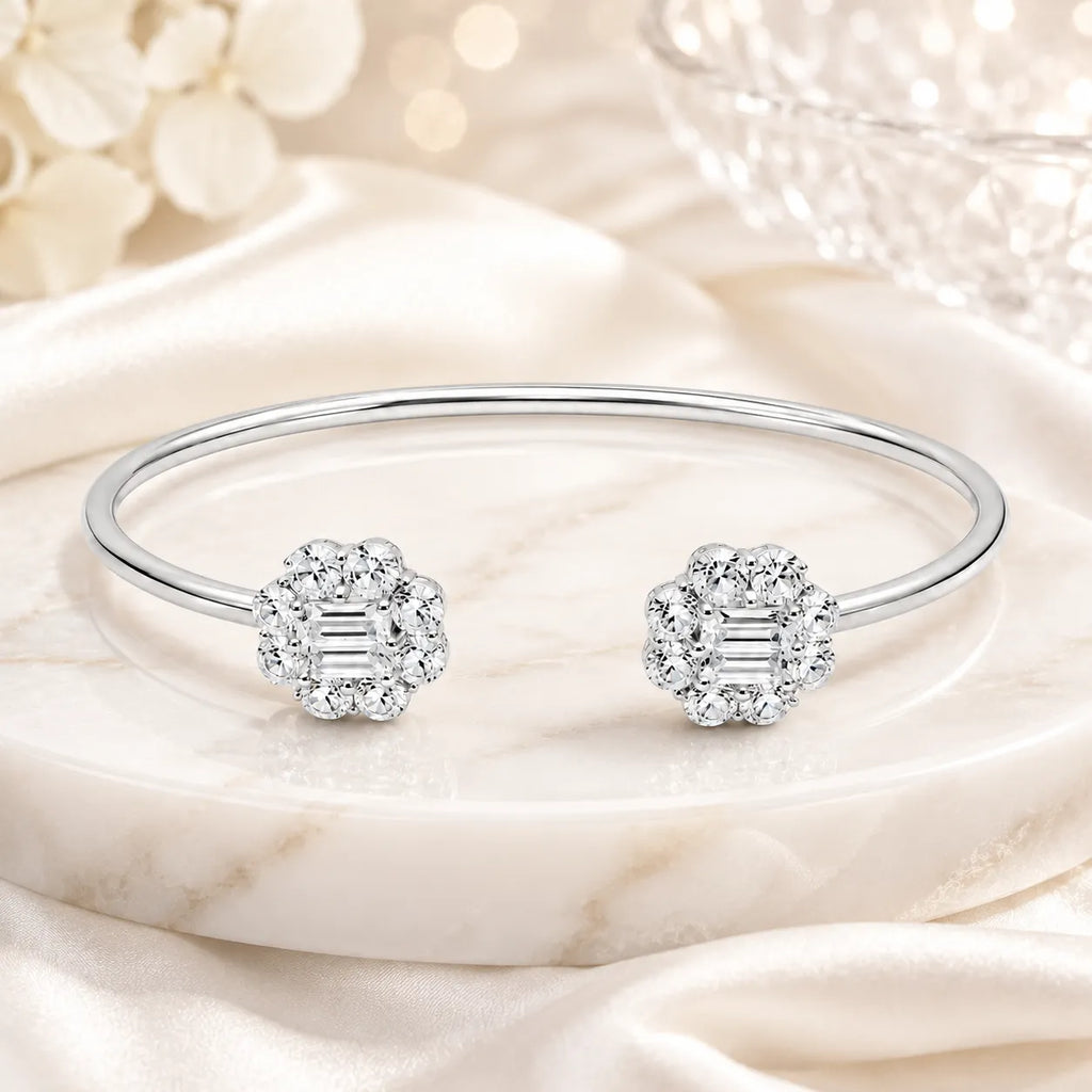 Marvel Silver white stone open silver kada for girls with sparkling floral design