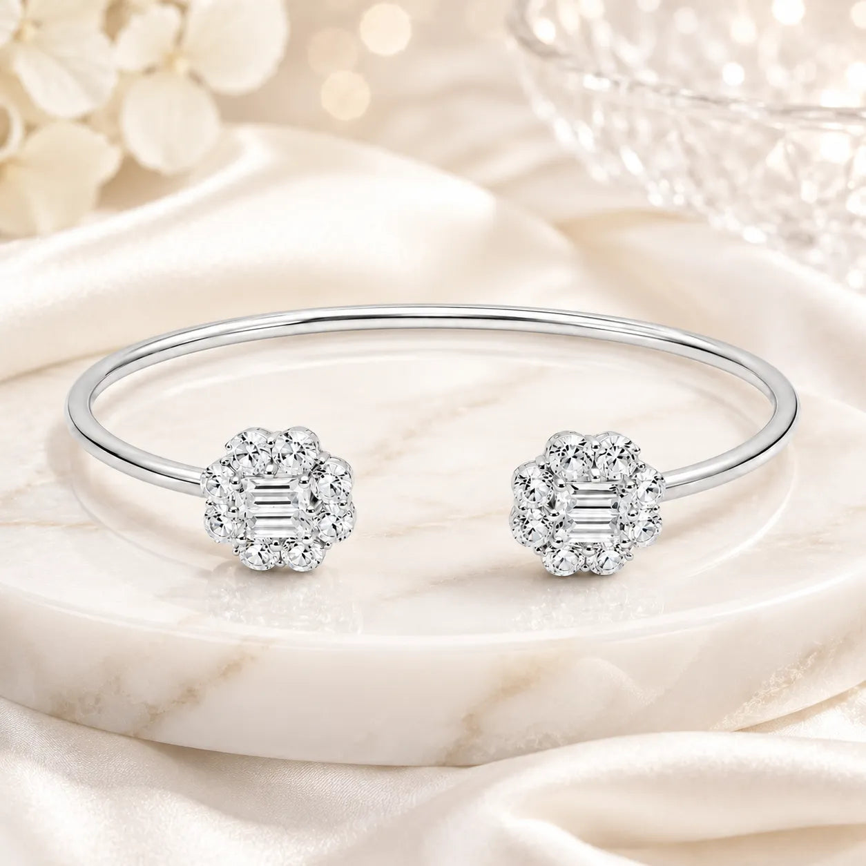Marvel Silver white stone open silver kada for girls with sparkling floral design