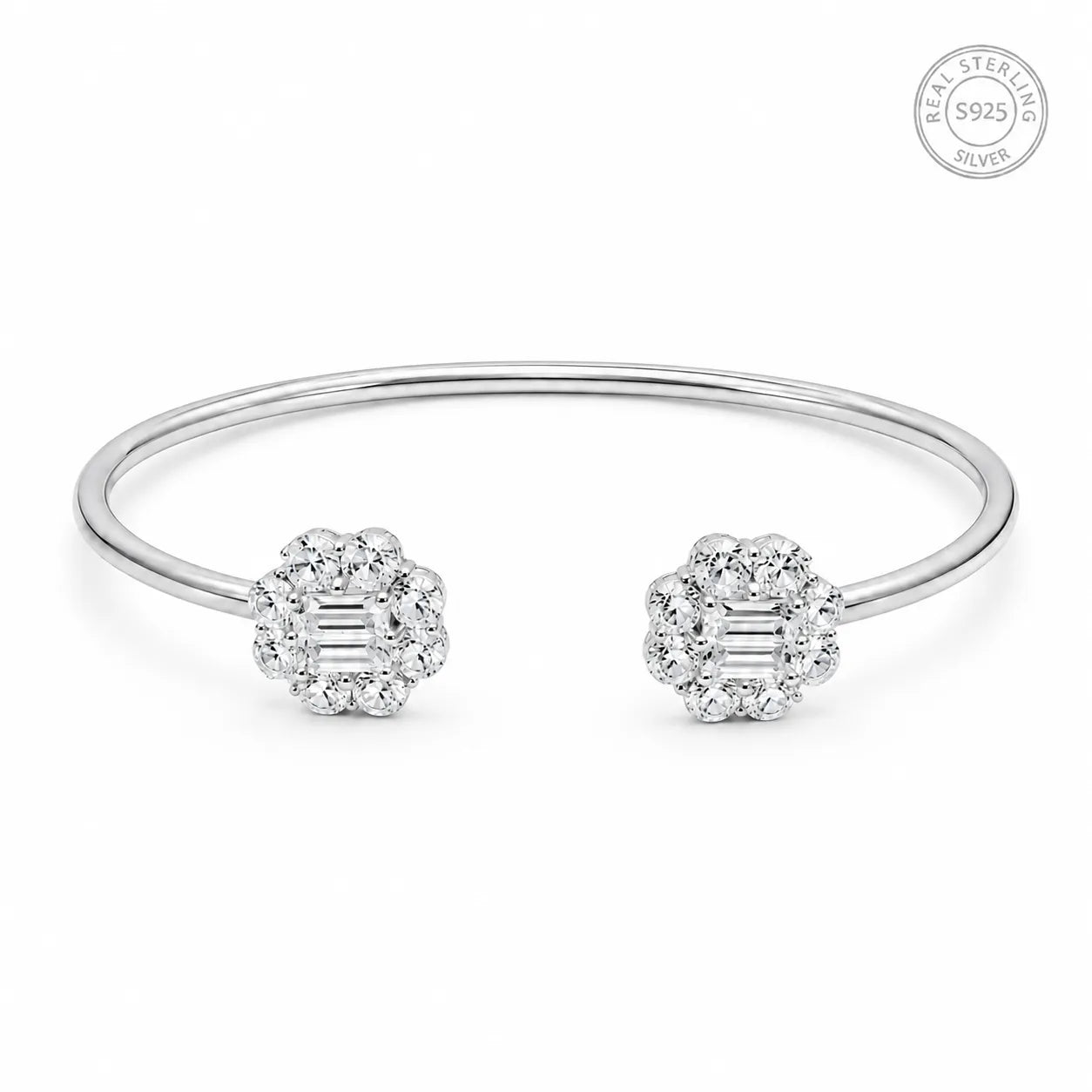 Marvel Silver white stone open silver kada for girls with sparkling floral design