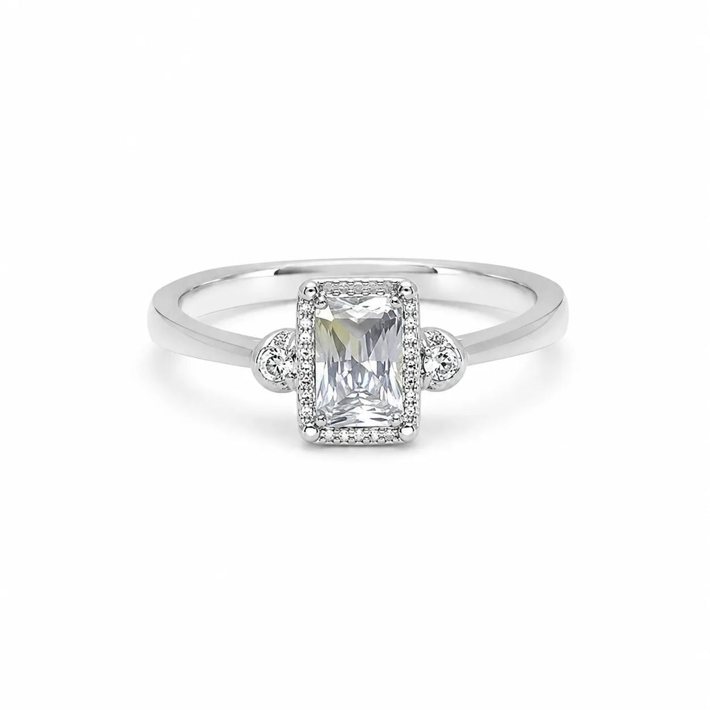 Marvel Silver white stone rectangular silver ring for women with heart side design