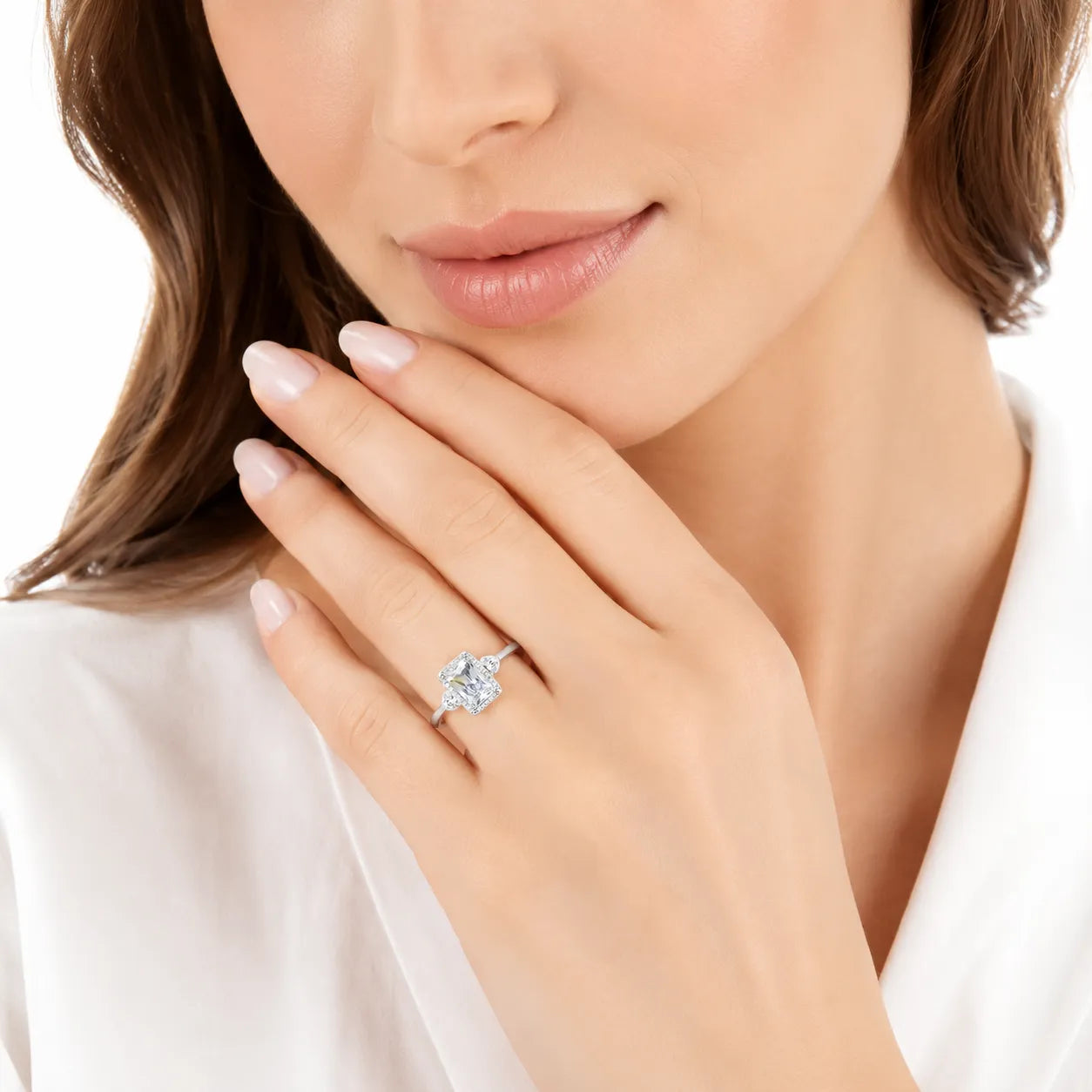 Marvel Silver white stone rectangular silver ring for women with heart side design