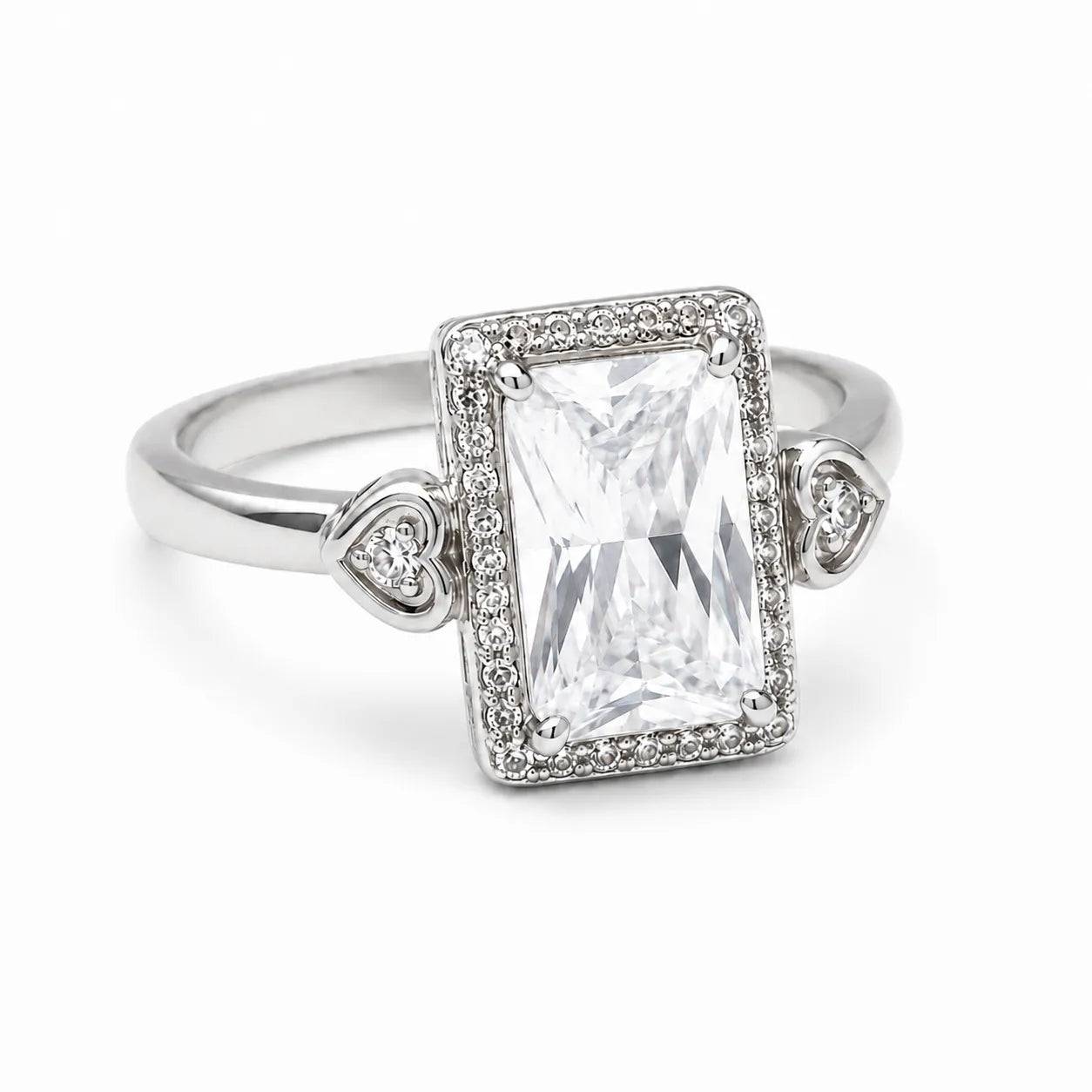 Marvel Silver white stone rectangular silver ring for women with heart side design