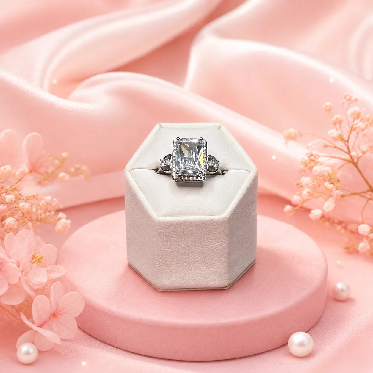 Marvel Silver white stone rectangular silver ring for women with heart side design
