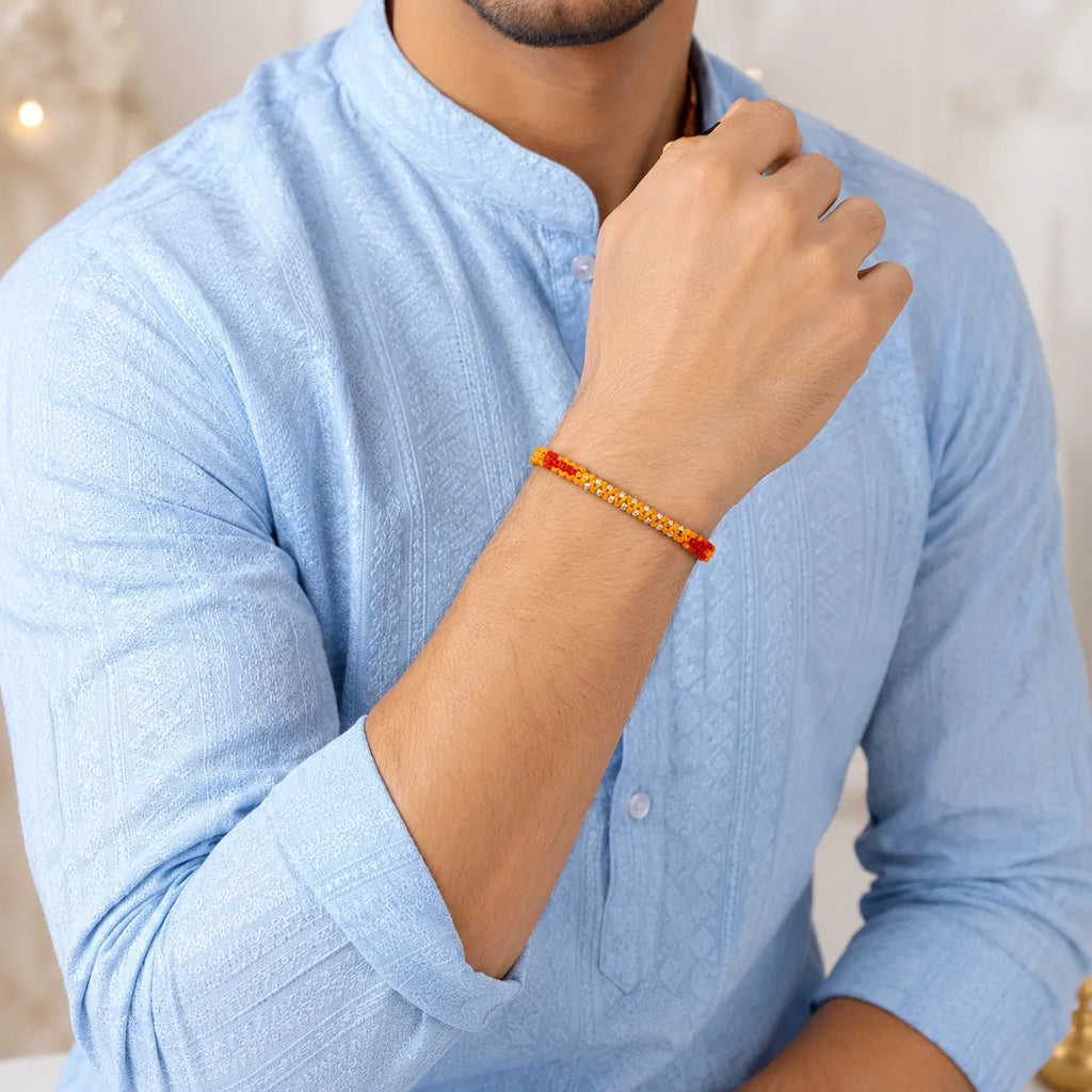 Marvel Silver yellow and red braided rakhi bracelet for men with silver-tone bead detailing