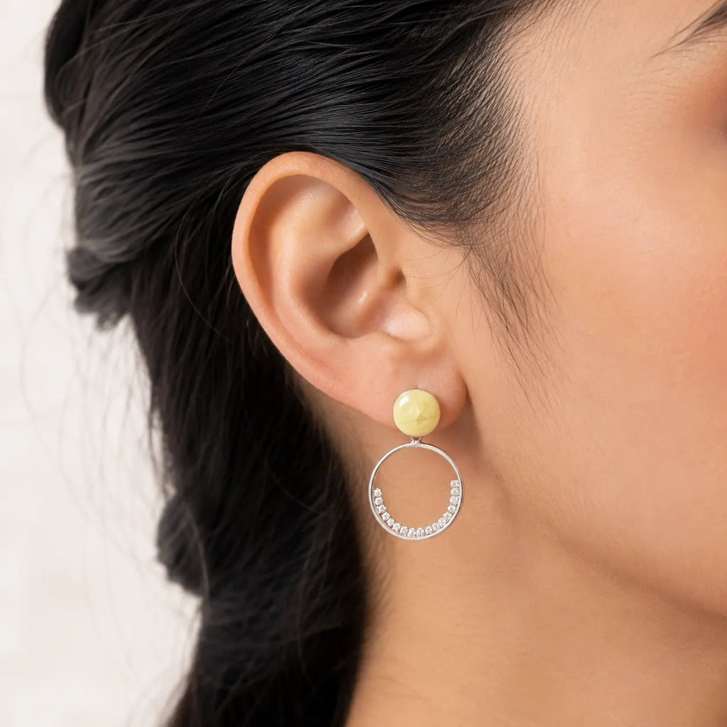 Marvel Silver yellow stone hoop drop earrings for girls with 3.5 cm length and 1 cm stone