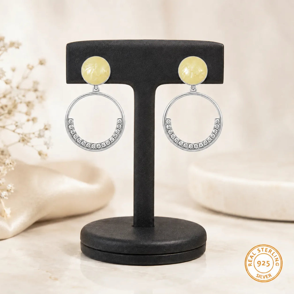 Marvel Silver yellow stone hoop drop earrings for girls with 3.5 cm length and 1 cm stone