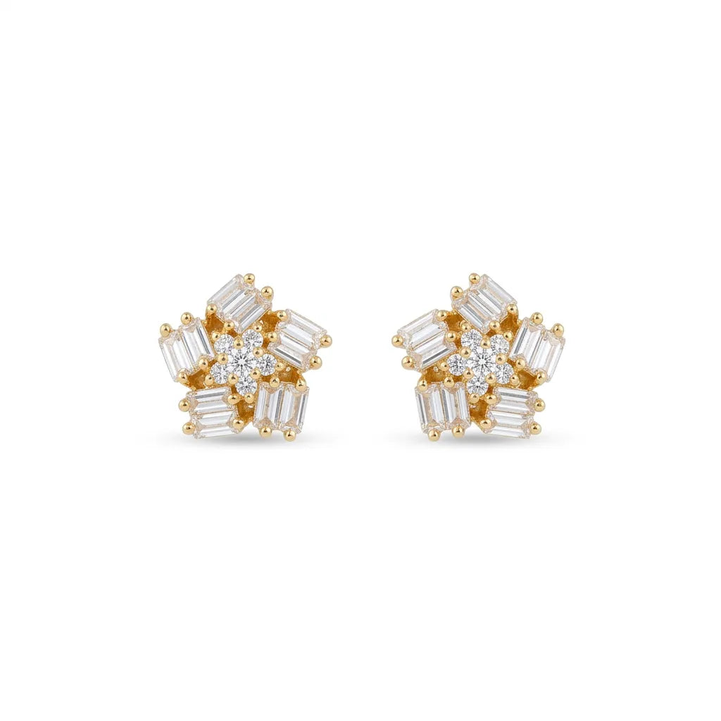 Marvel Silver Sparkling Crystal Floral Gold Plated Imitation Stud Earrings for Women with Baguette Cubic Zirconia Stones