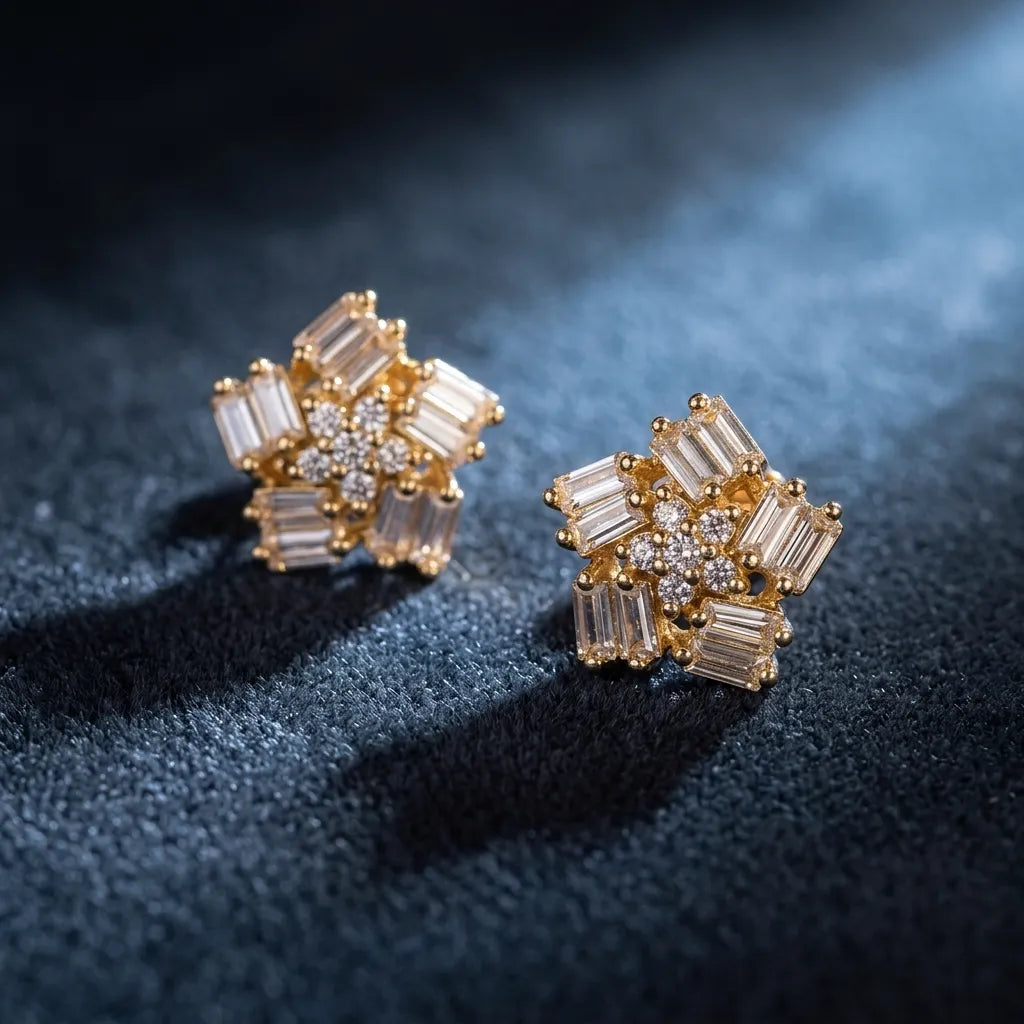 Marvel Silver Sparkling Crystal Floral Gold Plated Imitation Stud Earrings for Women with Baguette Cubic Zirconia Stones