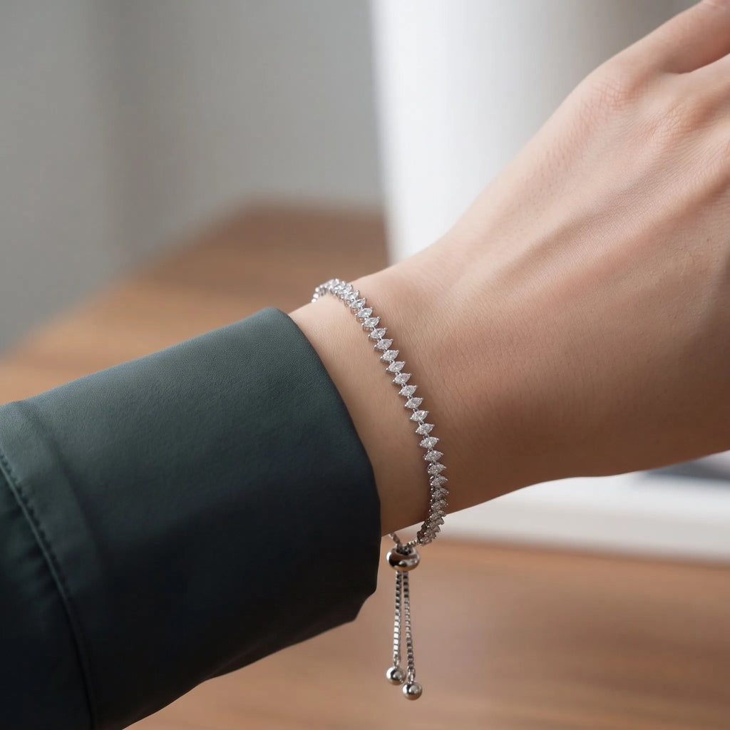Marvel Silver Sparkling Diamond-Line Adjustable Silver Bracelet for Girls with Stone-Studded Design and Sliding Ball Closure
