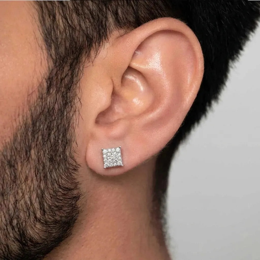 Marvel Silver square Cubic Zirconia stud earrings for men and boys featuring a sparkling diamond-look cluster design in a premium silver-plated finish.