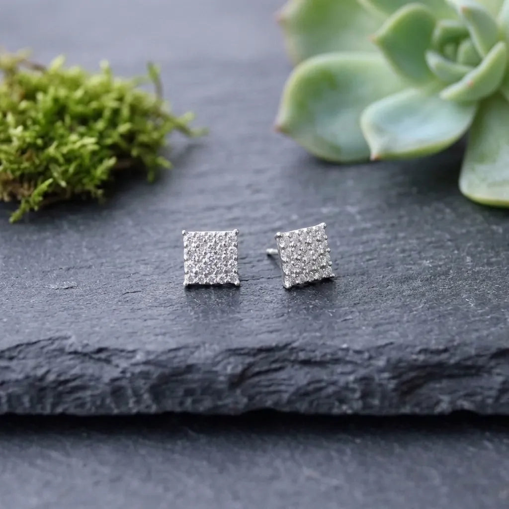 Marvel Silver square Cubic Zirconia stud earrings for men and boys featuring a sparkling diamond-look cluster design in a premium silver-plated finish.