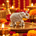 Marvel Silver Traditional Silver Elephant Idol with Raised Trunk and Intricate Floral Engraving for Vastu and Home Decor