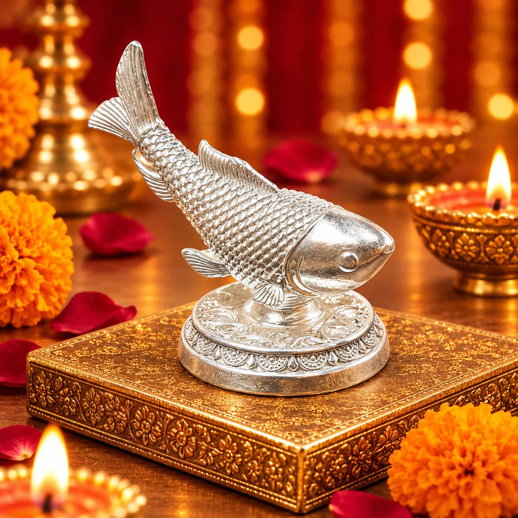 Marvel Silver Traditional Silver Fish Idol with Decorative Stand and Intricate Fish Scale Design for Vastu and Home Decor