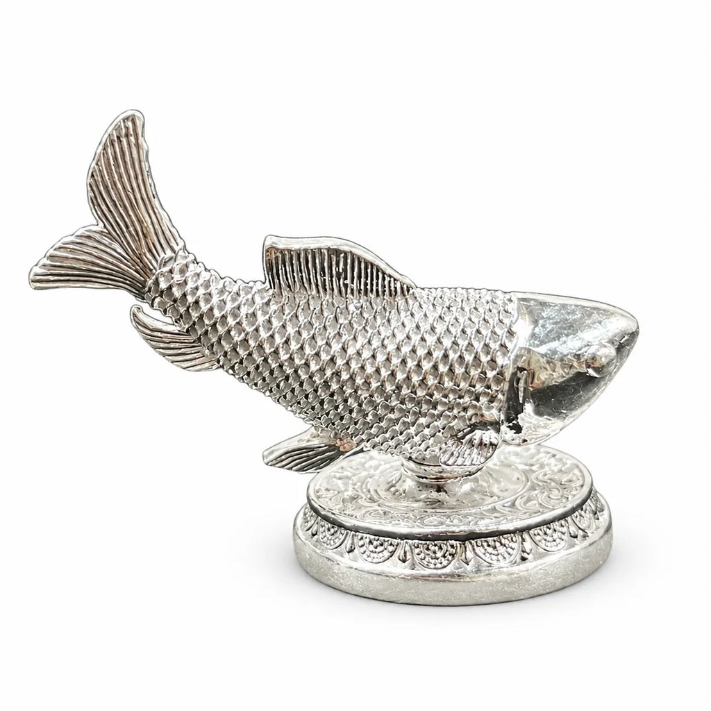 Marvel Silver Traditional Silver Fish Idol with Decorative Stand and Intricate Fish Scale Design for Vastu and Home Decor