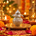 Marvel Silver Traditional Silver Kalash with Decorative Coconut, Leaves and Auspicious Swastik Design for Diwali Puja
