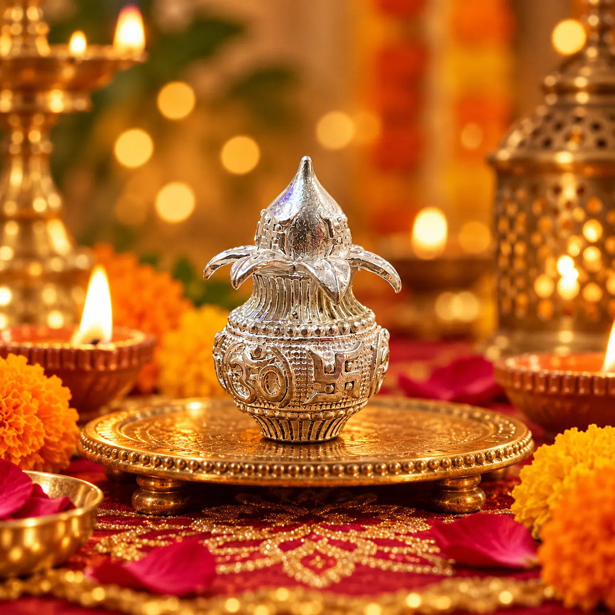 Marvel Silver Traditional Silver Kalash with Decorative Coconut, Leaves and Auspicious Swastik Design for Diwali Puja