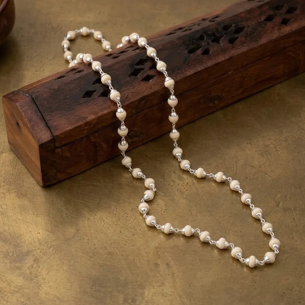Silver Beaded Chain Mala with White Beads and Silver Detailing – Marvel Silver