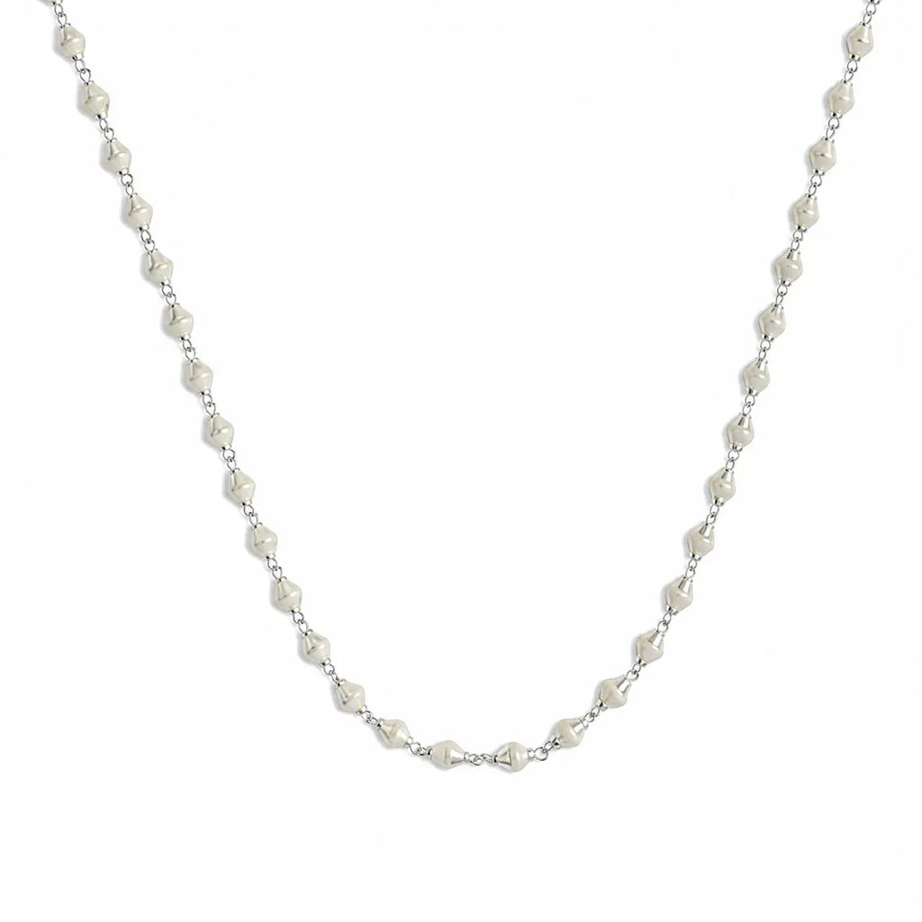 Silver Beaded Chain Mala with White Beads and Silver Detailing – Marvel Silver