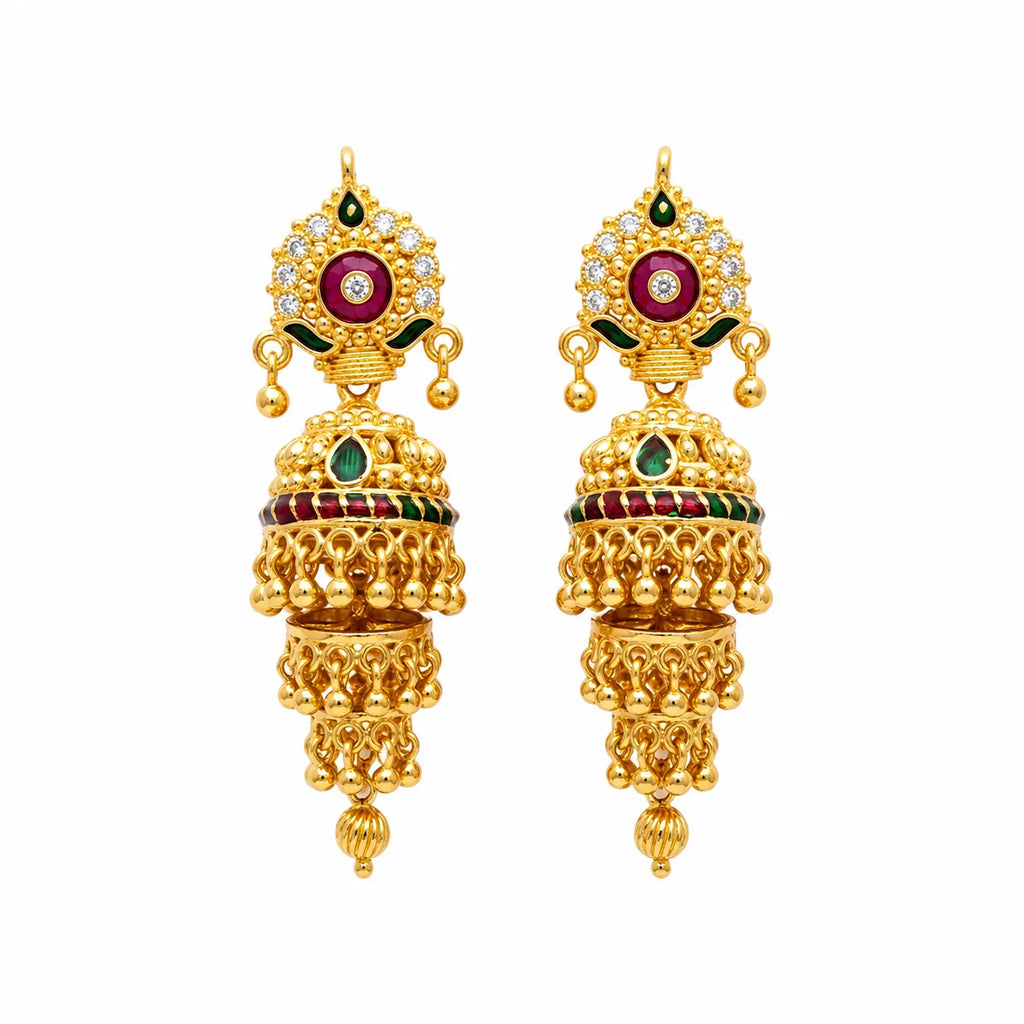 Long gold polish ruby and green stone double layer jhumka earrings by Marvel Silver