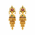 Long gold polish ruby and green stone double layer jhumka earrings by Marvel Silver