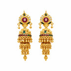 Long gold polish ruby and green stone double layer jhumka earrings by Marvel Silver