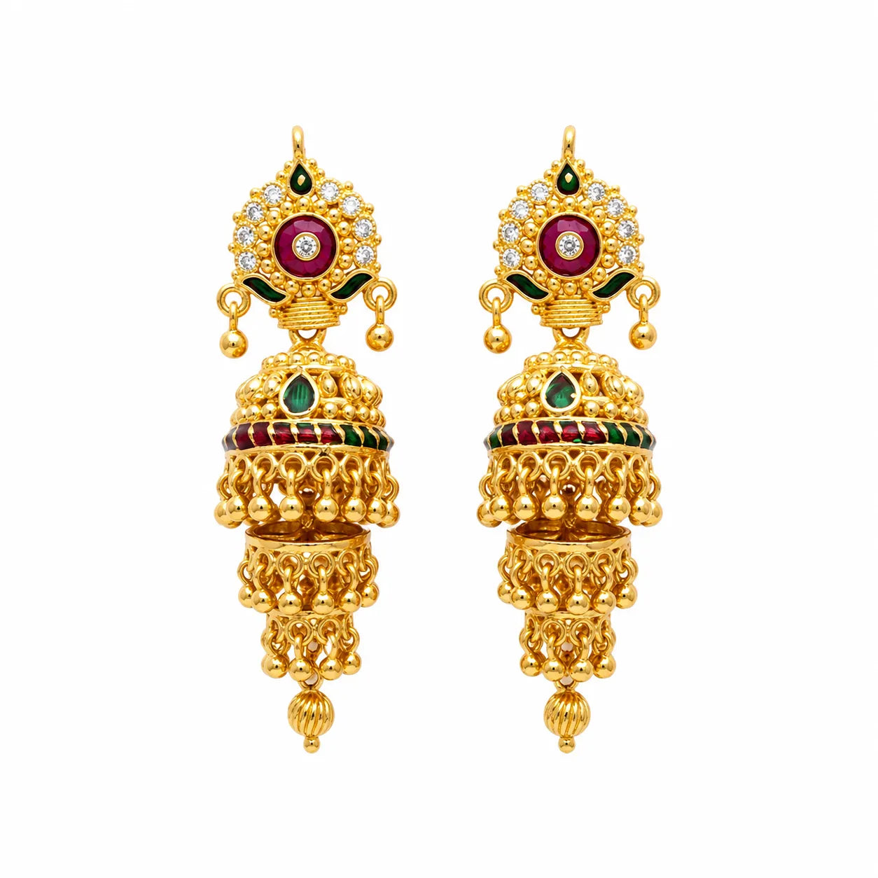 Long gold polish ruby and green stone double layer jhumka earrings by Marvel Silver