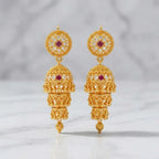 Triple layer gold polish ruby stone traditional jhumka earrings for women by Marvel Silver