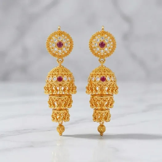 Triple layer gold polish ruby stone traditional jhumka earrings for women by Marvel Silver