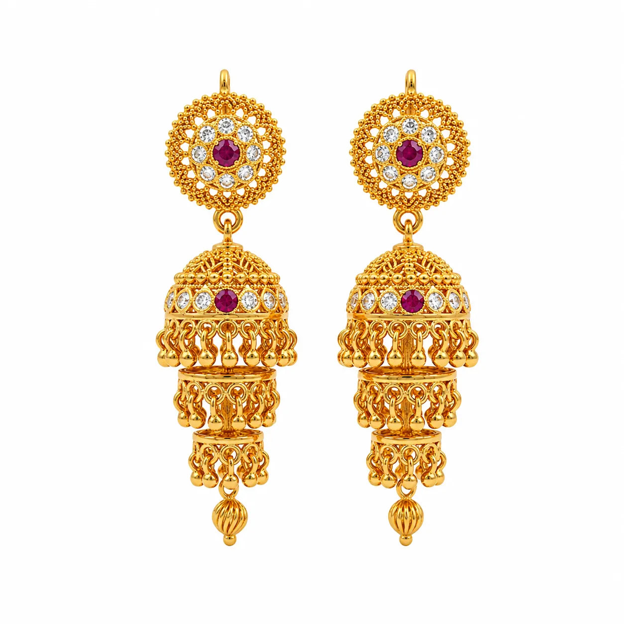 Triple layer gold polish ruby stone traditional jhumka earrings for women by Marvel Silver