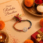 Marvel Silver Shiv Trishul Silver Rakhi with Sacred Red, Saffron and Blue Thread, Silver Beads and Sparkling Shiv Symbol for Raksha Bandhan